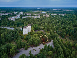 Aerial view of Chernobyl Ukraine exclusion zone Zone of high radioactivity, Ruins of abandoned ghost town Pripyat city, Ruins of buildings.