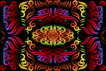 Beautiful glow colour caleidoscope gradient flower line art pattern wallpaper of indonesian traditional abstract batik  ethnic dayak ornament for commercial  ads