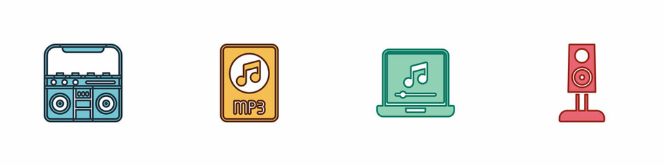 Set Home stereo with speakers, MP3 file document, Laptop music note and Stereo icon. Vector