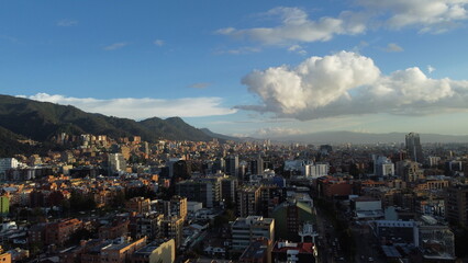 Aerial view over Usaquen, looking south towards the high altitude Andean capital city of Bogota, Colombia, South America