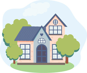 Obraz na płótnie Canvas House in the woods. Blue cartoon house exterior with blue cloudy sky. Vector illustration of facade construction.