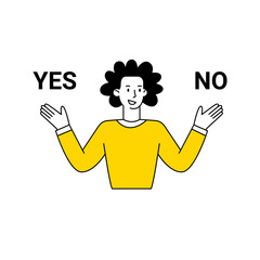 Yes no cartoon character concept for web design. Difficult choice person, ignorance, uncertainty