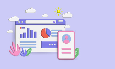 3D business website icon and smartphone vector illustration, with infographic chart, descriptive text for presentations on financial, economic, corporate, study and statistical data