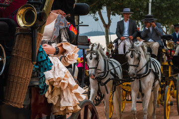Córdoba, Spain, May 21 2022 - Carriage and horses at the cordoba fair 2022 - obrazy, fototapety, plakaty