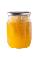 Jar of honey with honeycombs isolated on white background. Yellow transparent bee product. Half...