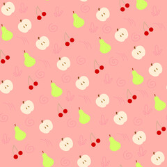 Pink fruit pattern. Pattern with cherry, apple and pear. Pink background. Beautiful fruit wallpaper. Pink wallpaper. Wallpaper with fruits. Illustration with apples, pears and cherries
