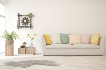 Fototapeta premium White living room with sofa. Scandinavian interior design. 3D illustration