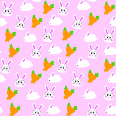 A pattern with rabbits and carrots on a pink background. Cute rabbits. Rabbit pattern. Carrot pattern. Orange carrot. Illustration with rabbits and carrots. Rabbits