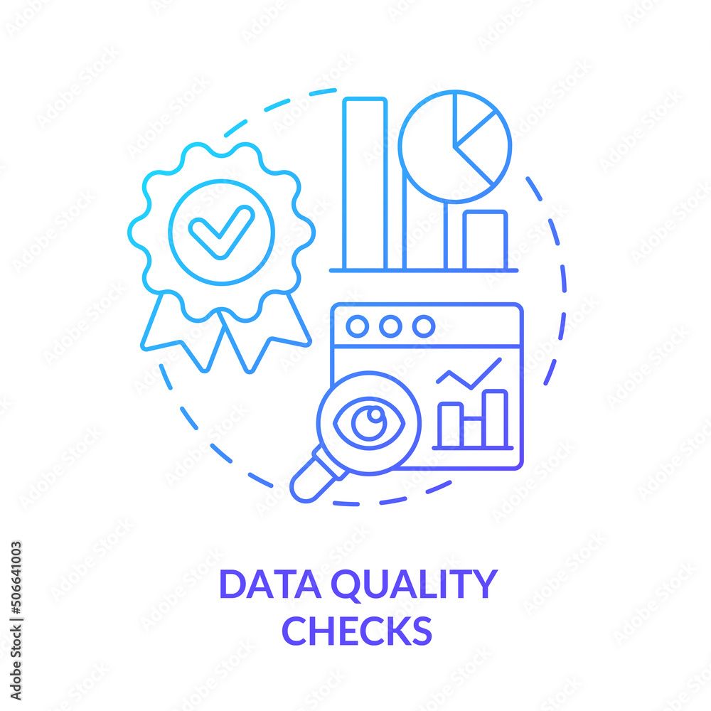 Poster Data quality checks blue gradient concept icon. Data mining process abstract idea thin line illustration. Identifying and reducing anomalies. Isolated outline drawing. Myriad Pro-Bold font used