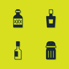 Set Tequila bottle, Salt, Tabasco sauce and icon. Vector