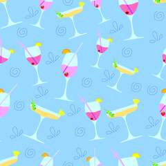 A pattern with summer cocktails on a blue background. Lots of summer cocktails. Martini pattern. Beach holidays. Alcoholic beverages. Cocktail pattern. Blue background