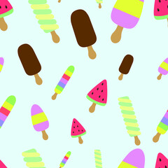 Ice cream pattern on a blue background. Illustration with ice cream. Blue background. Summer wallpaper. Wallpaper with ice cream. Blue pattern. Wallpaper with dessert. Ice cream on a stick