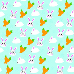 Pattern with rabbits and carrots on a blue background. Cute rabbits. Rabbit pattern. Carrot pattern. Orange carrots. Illustration with rabbits and carrots. Blue background. White rabbits