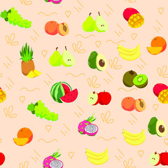 Fruit pattern. Fruit pattern. Orange, watermelon, pitahaya, avocado, pineapple, pear, kiwi, banana, apple, peach, mango and grapes on an orange background. Orange background