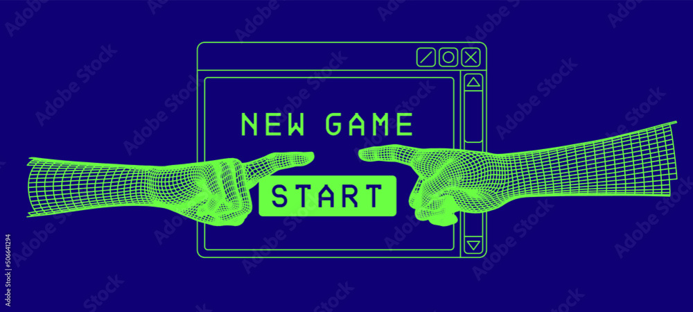 Aufkleber 3D low-poly hand models made of polygonal wireframe. Arms going to touch together like in Adam creation scene. 