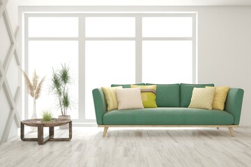 Fototapeta premium White living room with sofa. Scandinavian interior design. 3D illustration