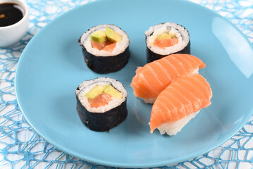 Sushi and rolls on a white plate.