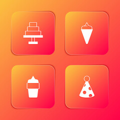 Set Cake, Ice cream in waffle cone, and Party hat icon. Vector