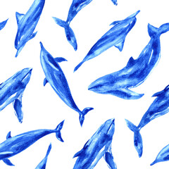 Watercolor seamless pattern with Dolphin and blue whale isolated on white