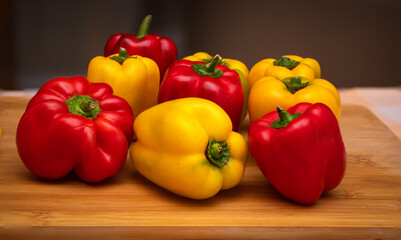 Red and yellow bell peppers on a cutting board