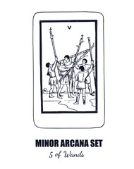 Tarot set. Vector hand drawn  Minor Arcana . 5 of Wands 