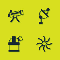 Set Telescope, Black hole, Astronomical observatory and Satellite dish icon. Vector