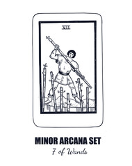 Tarot set. Vector hand drawn  Minor Arcana . 7 of Wands 