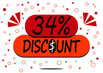 34% percent discount label isolated on white background. Special promo off price reduction badge vector illustration in red and orange.