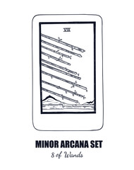 Tarot set. Vector hand drawn  Minor Arcana . 8 of Wands 