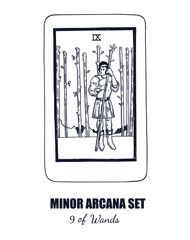 Tarot set. Vector hand drawn  Minor Arcana . 9 of Wands 