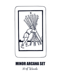 Tarot set. Vector hand drawn  Minor Arcana . 10 of Wands 