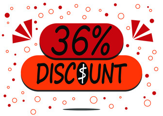 36% percent discount label isolated on white background. Special promo off price reduction badge vector illustration in red and orange.