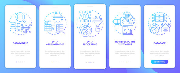 Collect and processing data blue gradient onboarding mobile app screen. Walkthrough 5 steps graphic instructions pages with linear concepts. UI, UX, GUI template. Myriad Pro-Bold, Regular fonts used