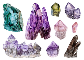 Watercolor crystals, gemstones isolated on white background. Amethyst, quartz, chrysocolla, smoky quartz.