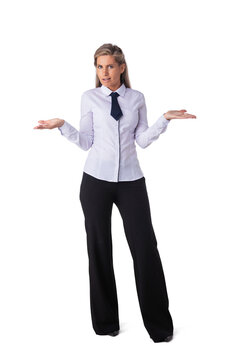 Puzzled business woman on white