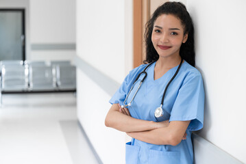 Copy space portrait smiling doctor woman at hospital