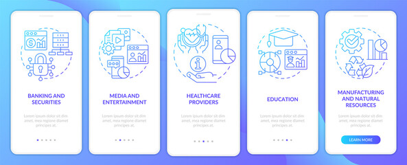 Big data applications types blue gradient onboarding mobile app screen. Walkthrough 5 steps graphic instructions pages with linear concepts. UI, UX, GUI template. Myriad Pro-Bold, Regular fonts used