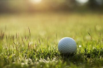 golf ball is on a green lawn in a beautiful golf course
