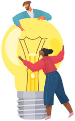 Work with creative plan, search for solution concept. Teamwork with idea of new project, planning startup. People holding huge light bulb vector illustration. Light bulb as symbol of creative idea