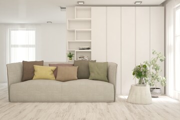 Fototapeta premium White living room with sofa. Scandinavian interior design. 3D illustration