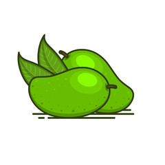 Set of two green Mangoes fruit vector icon with green leaves