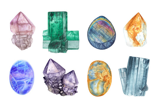 Watercolor beautiful set of gemstones, quartz, amethyst, emerald, moon stone, citrine, aquamarine, amber, labradorite isolated on white.