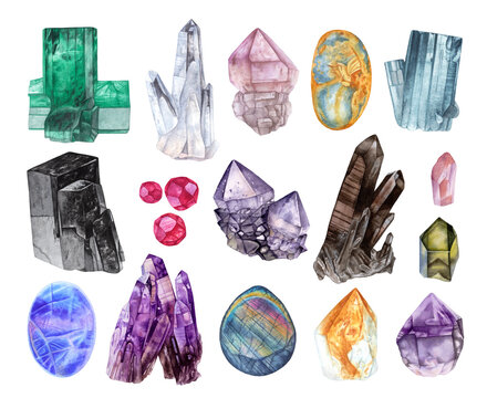Watercolor crystals, gemstones isolated on white background. Quartz, emerald,amber, tourmaline, amethyst, moon stone, aquamarine, garnets etc.