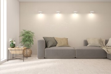 White living room with sofa. Scandinavian interior design. 3D illustration
