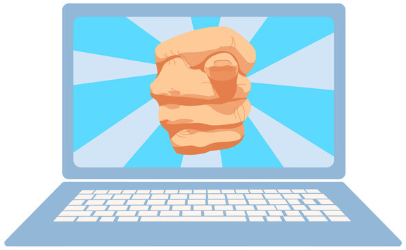 Fig as form of rude refusal expression. Fist with thumb between fingers on laptop screen. Negative gesture, symbol of disagreement on monitor. Human hand gesturing, showing obscene sign, thumb