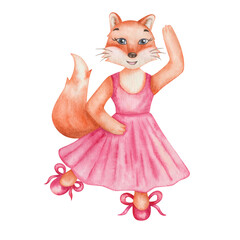 Watercolor illustration of hand painted orange fluffy fox girl in dance studio in pink dress and ballet shoes with laces. Cartoon animal character. Isolated clip art for children fabric textile print © Olga Sidelnikova