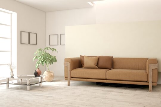 White living room with orange sofa. 3D illustration