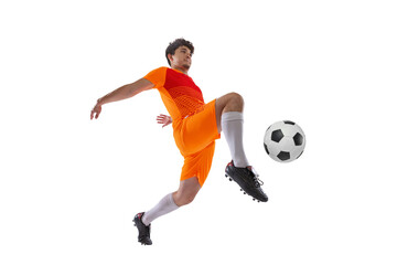Professional football, soccer player in motion isolated on white studio background. Concept of...