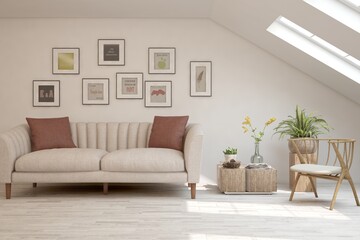 White living room with sofa. Scandinavian interior design. 3D illustration
