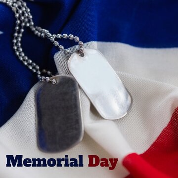 Digital composite image of memorial day text by blank army tag pendants on america flag